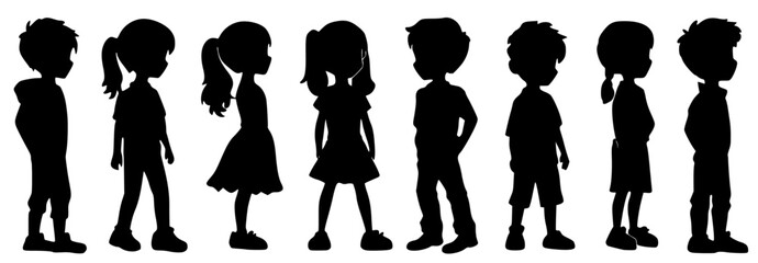 Silhouettes of joyful children playing, walking, and having fun. A vector illustration showing happy boys and girls in active poses. Perfect for childhood, youth, and playful themed designs
