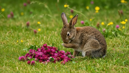 Fototapeta premium European rabbit cleans paws amongst red clover wildflowers in grassy meadow. Cute wild animal in natural springtime setting, representing nature, life, environment.
