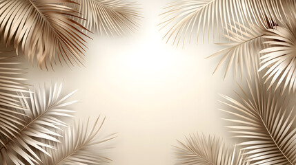 
Blurred shadow from palm leaves on the light beige wall. Minimal abstract background for product presentation. Spring and summer.