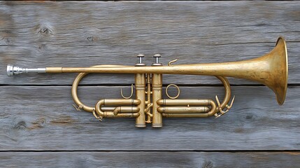 Fototapeta premium Antique gold trumpet on wooden surface.