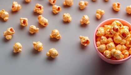 Bowl of popcorn is on a table with a lot of popcorn scattered around it. The bowl is pink and the popcorn is yellow