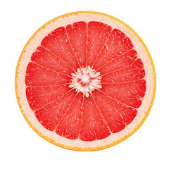 Red grapefruit slice on black background. Fresh, juicy citrus fruit. Healthy eating and dieting. Natural vitamins. Top view for design banner, poster, flyer, advertising