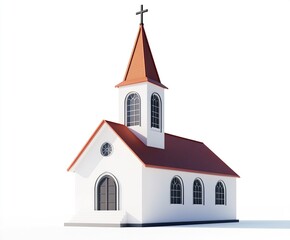 Fototapeta premium A minimalist 3D church clipart featuring a cross-topped steeple, clean architectural lines, and simple detailing, perfect on white. 