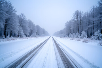 Fototapeta premium Snow-Covered Road Through Winter Forest, Scenic Frosty Landscape with Tire Tracks, Cold Weather, Serene Nature, Tranquil Atmosphere