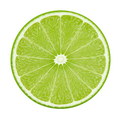 Fresh lime slice on black background. Juicy citrus fruit. Food and beverage concept. Summer cocktails. Ingredient for banner, poster, flyer. Copy space.