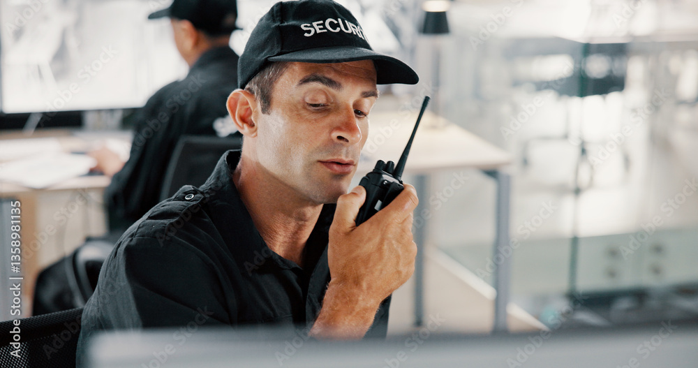 Aufkleber security, computer and man with radio, control room and communication for backup, surveillance and t