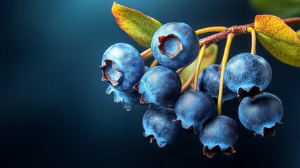 Bunch of blueberries on a leaf. The blueberries are ripe and ready to be picked