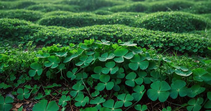 A fresh green clover patch at a low elevation. The vibrant emerald lawn features a plant shaped like three leaves. The outdoor pasture vegetation represents good fortune.