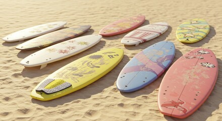 Collection of surfboards on sandy beach in sunshine for summer vacation advert, sea adventure banner, rental service promo, sport equipment product presentation