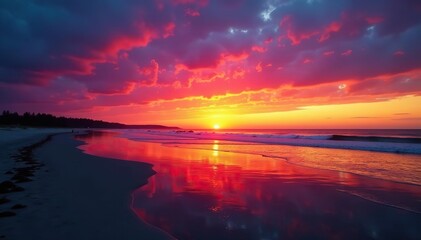 Fototapeta premium Vivid sunset colors reflecting on calm water at the beach in the Baltic Sea, coastline, horizon