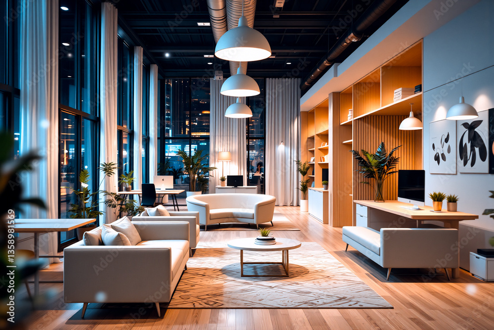 Aufkleber bright modern office interior with sofas and desks. large windows and plants create an inviting work