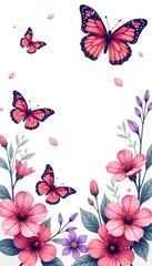 Watercolor floral and butterfly scene with pink and purple flowers and matching butterflies,  butterfly,  butterflies