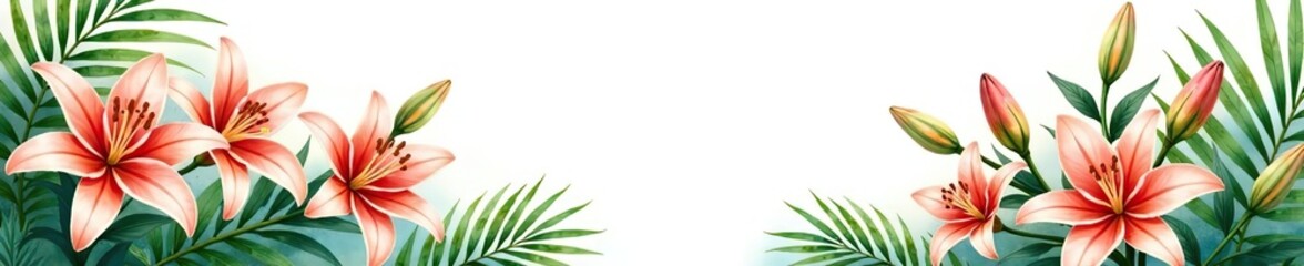 Obraz premium Watercolor painting of blooming lilies and palm leaves in jungle setting, white background, creative design space, jungle plants, botanical