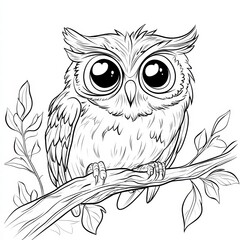 Fototapeta premium Wise Owl Perched: A charming black and white illustration of a curious owl with large, expressive eyes perched on a branch, ready to share the secrets of the night.