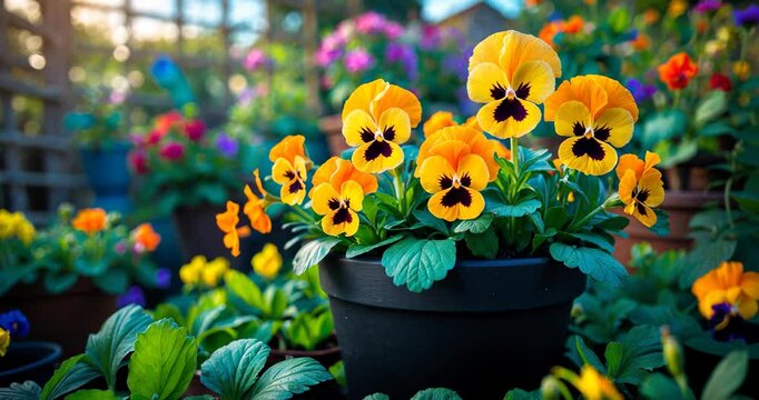 Vibrant garden flowers featuring yellow pansies from an eye-level perspective.
