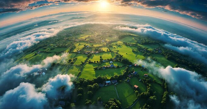 Aerial perspective from an aircraft window at high elevation of a small planet enveloped by a delicate white mist and remote clouds during sunset.