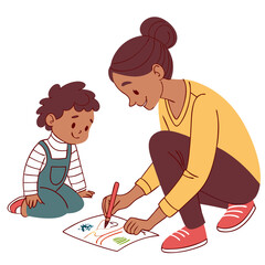 Mother Teaching Child to Draw with Crayons, Creative Family Time. Perfect for: Mother's Day, Children's Day, Art Exhibitions, School Projects