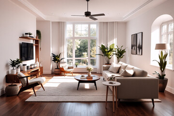 Fototapeta premium Bright living room with natural light streaming through large windows. Modern furniture, plants, and warm wood floors create a welcoming and airy atmosphere.