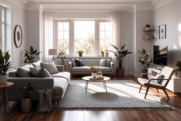Bright, neutral living room with a sofa, loveseat, and chair arranged around a coffee table and rug. Plants add life to the modern interior.