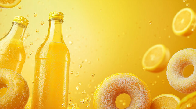 Sima & Munkki Drink Festival Banner with refreshing sima drink bottles background and sugar sprinkled munkki donuts beside it