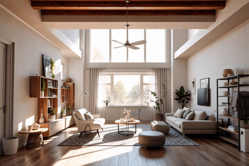 Bright, airy living room with high ceilings and large windows. Wooden beams accent the space, filled with neutral-toned furniture and decor.