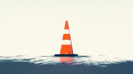Naklejka premium A minimalistic depiction of an orange traffic cone with a single white stripe, highlighted by its sturdy black base, centered on a white backdrop 