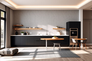 Modern kitchen interior with black cabinets and wood accents. Natural light floods the minimalist space with a round table and grey rug.