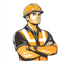 A minimalistic graphic of a construction worker, arms folded, hard hat and vest prominent, with a clean and confident pose, on white. 