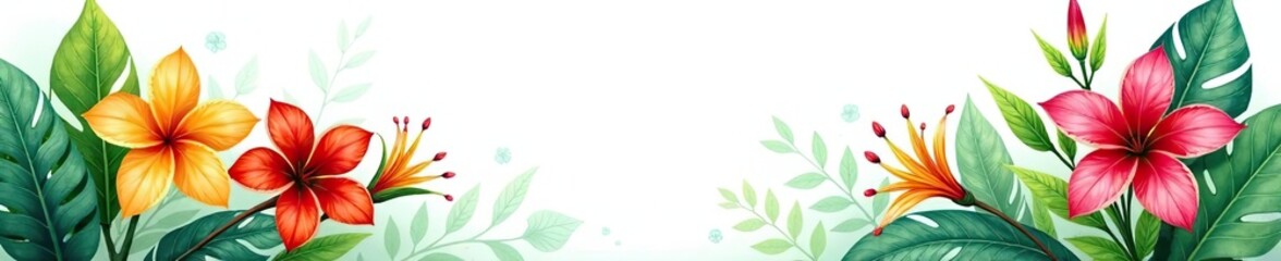 Watercolour painting of vibrant tropical flowers and lush plants on white background,  botanical painting,  tropical