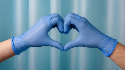 Two hands in blue medical gloves create a heart shape, against a light blue curtain background. This image likely symbolizes care, compassion, and support within a medical or healthcare context.