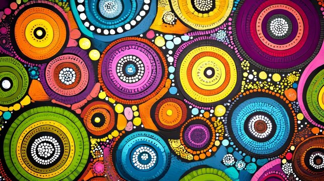 Vibrant abstract aboriginal dot painting background showcasing dynamic colors and intricate patterns