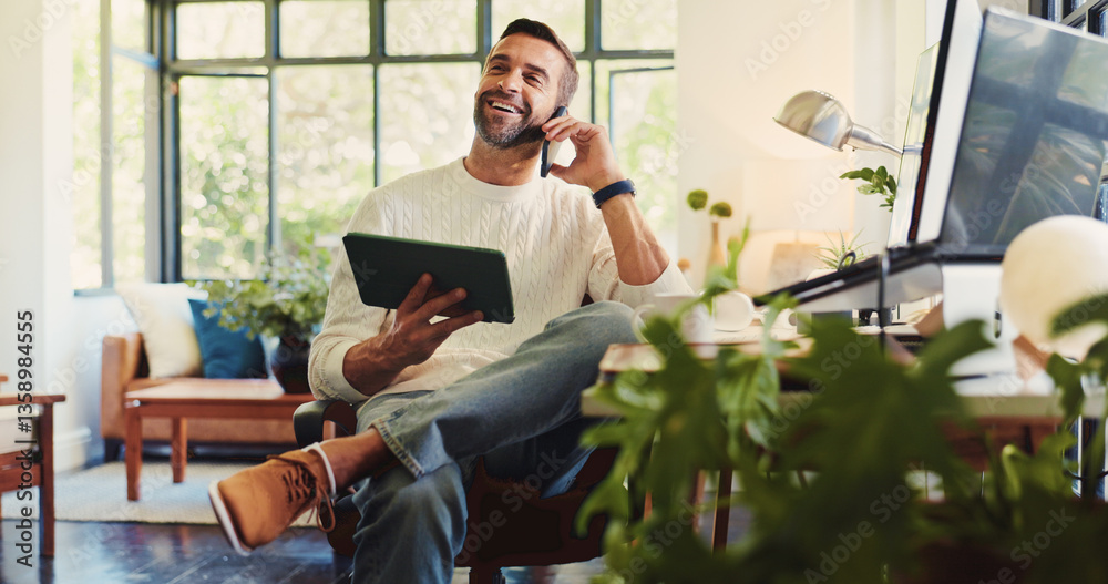 Aufkleber Remote work, tablet and man with phone call for networking, discussion and planning with news source. Freelancer, male journalist and mobile with smile for article questions, information and home