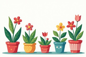 Fototapeta premium Whimsical vector illustration of vibrant potted plants and flowers in bright colors, ideal for spring designs, greeting cards, and home decor, bright colors, home decor