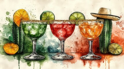Colorful cocktails celebrate Mexican Independence Day at a festive gathering with drinks and decorations. Cinco de Mayo
