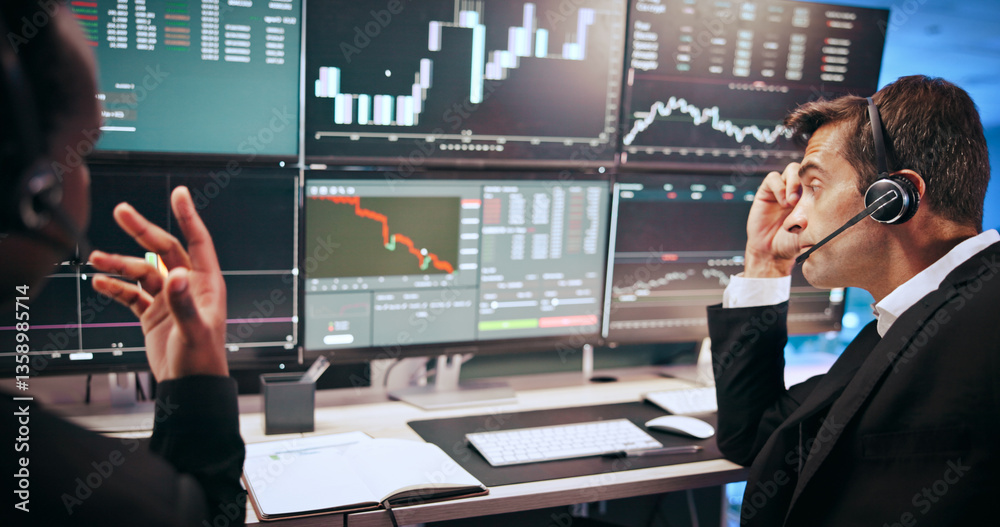 Poster men, stress and graphs with trading, computer screen and voip headset for consulting at investment a