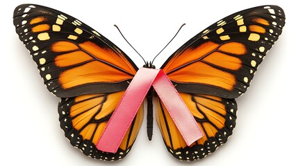 Fototapeta premium Pink ribbon on monarch butterfly.