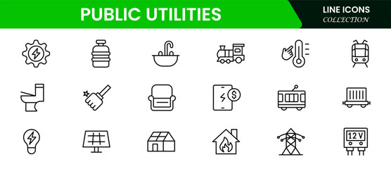 Public utilities icon collection set. power, gas, and water. Signed thin line icons collection.