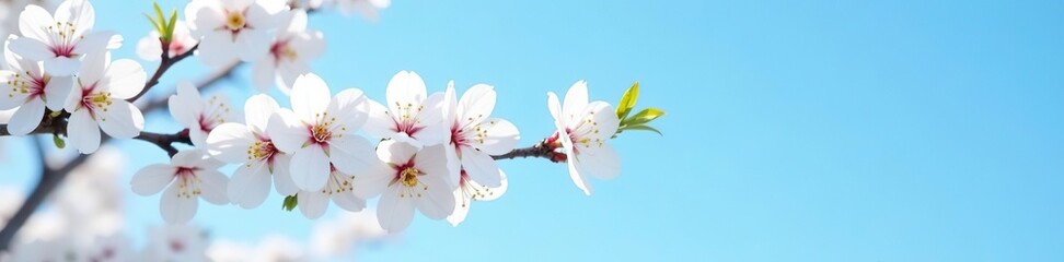 Obraz premium White cherry blossom branch in full bloom against a clear blue sky, sky, blue sky