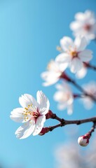 Obraz premium White cherry blossom flowers blooming on a clear blue sky background, peaceful, delicate