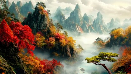 Fototapeta premium Serene seasonal background highlighting the beauty of autumn foliage in China.