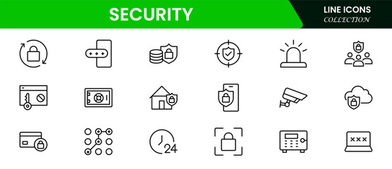 Security web icons in line style. Guard, cyber security, password, smart home, safety, data protection, key, shield, lock, unlock, eye access. Vector illustration.