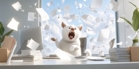 Energetic office chaos with excitable dog and flying papers