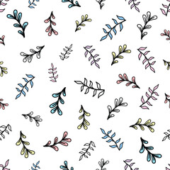 Doodle style plants with leaves texture repeatable design. Vector big seamless pattern with on white background. Can be used for textile print, wrapping papers, wallpapers or for website.