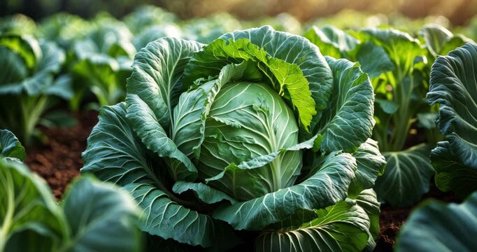 Cabbage farm. Cabbage produce, agriculture and fresh food. Cultivating vegetables.