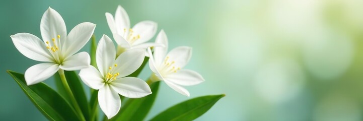 Fototapeta premium White flowers blooming in a bunch, showcasing delicate petals and green foliage, beauty, petals