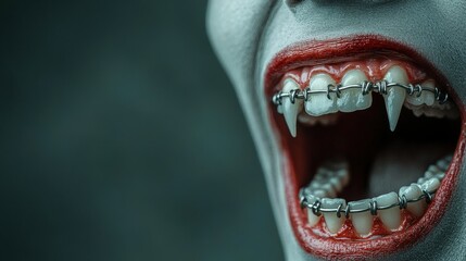 Smiling vampire reveals sharp fangs in close-up shot filled with eerie charm and dark glamour at nighttime. Halloween