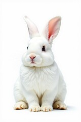 Obraz premium White fluffy bunny with pink nose sitting peacefully on a pure white background, domestic, adorable