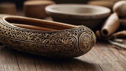 Intricately designed bronze decorative box rests on a rustic wooden surface, surrounded by handcrafted pottery.