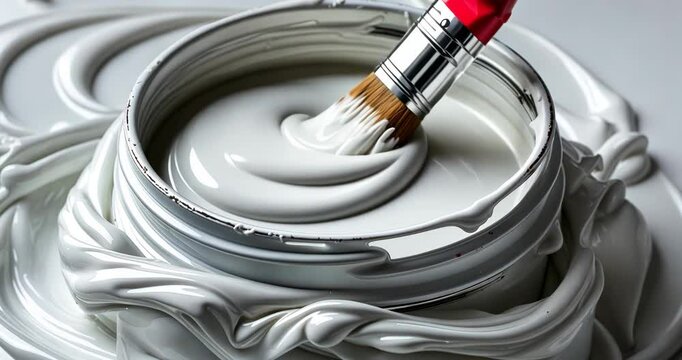 A jar of acrylic white matte paint. Mix in the acrylic paint. Acrylic paint backdrop. Preparation of paint.
