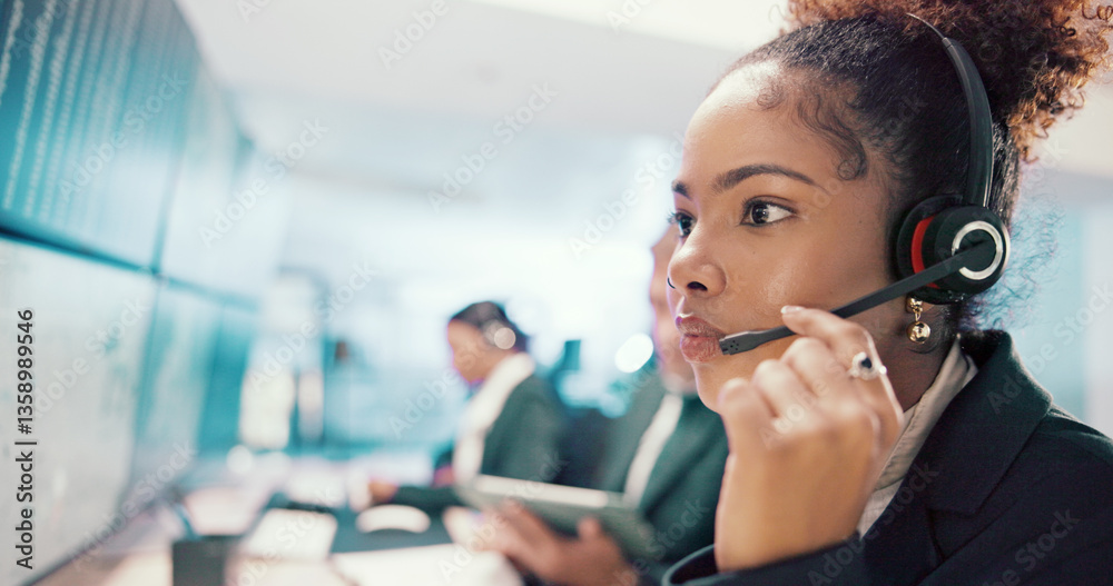 Poster Emergency, service and woman on computer with headset for security, dispatcher and operator. Telecommunication, surveillance and first responder with monitor for incident report, contact and help